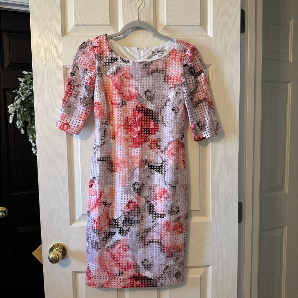 Versona Pink And Red Sheath Dress Puff Sleeve Crew Neck
